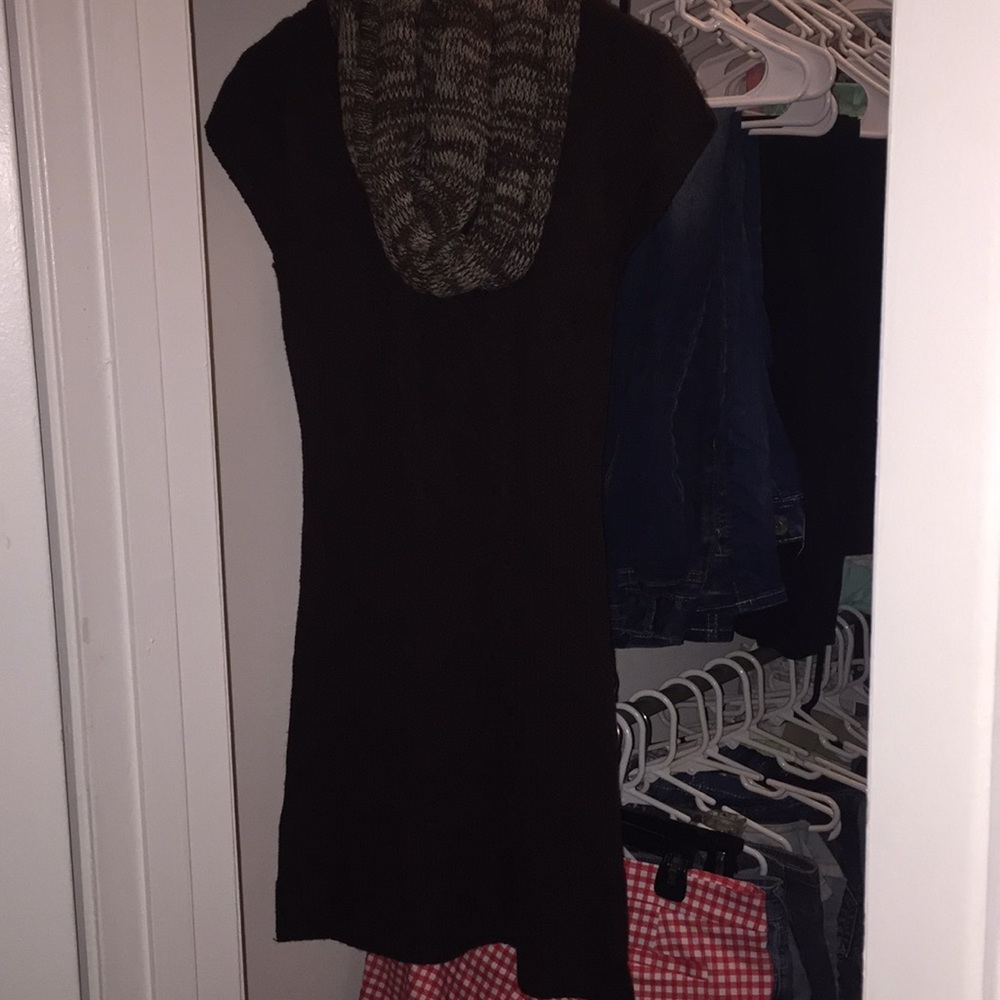 Brown sweater dress with scarf